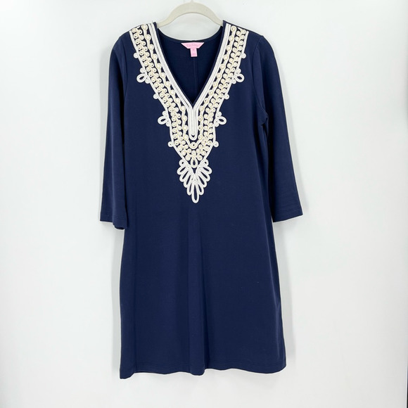 Lilly Pulitzer Dresses & Skirts - Lilly Pulitzer Womens Shift Dress Blue Stretch V Neck 3/4 Sleeve Embroidered Med